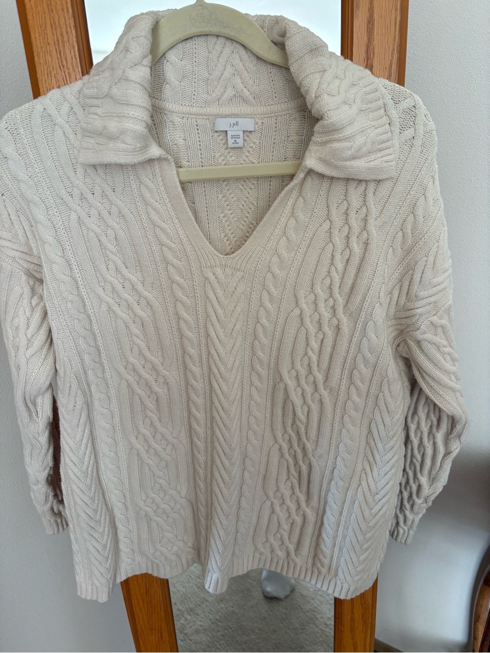 J. Jill Ivory Cable-Knit V-Neck Sweater with Fold Collar